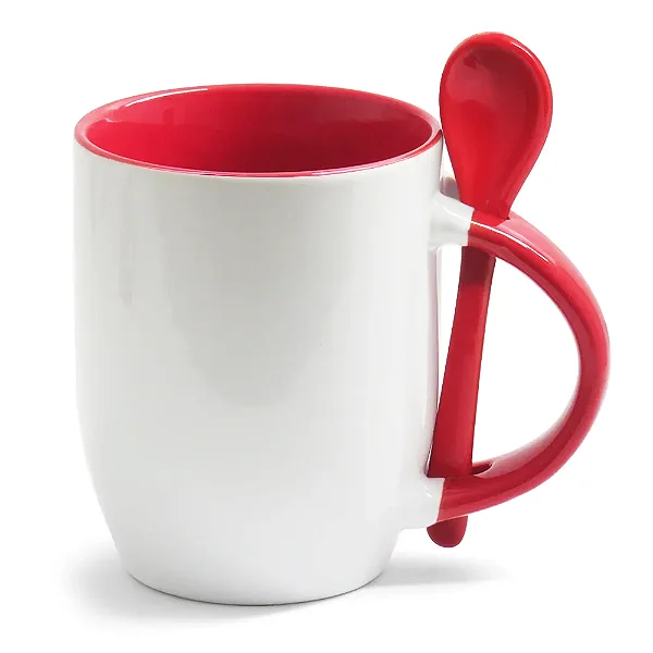 Caneca Branca com Colher, Interior e Alça Colorida - Vermelha (Cônica) – 325ml | Ideal para Sublimação