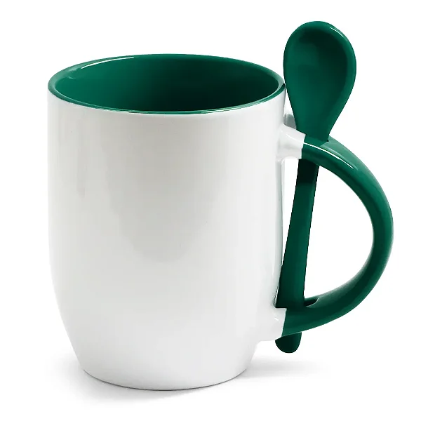 Caneca Branca com Colher, Interior e Alça Colorida - Verde es(Cônica) – 325ml | Ideal para Sublimação