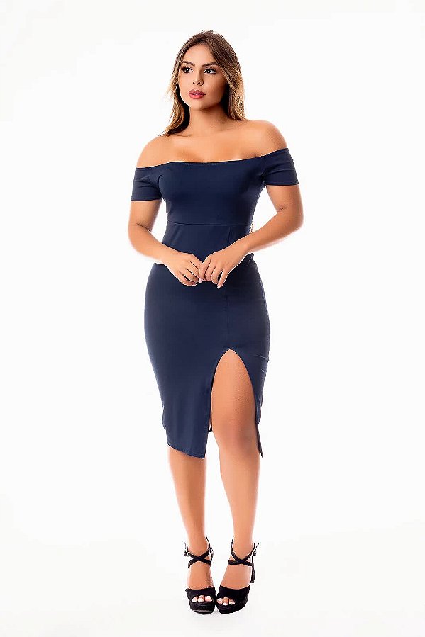 Vestido Tubinho Midi Ombro a Ombro Azul Marinho