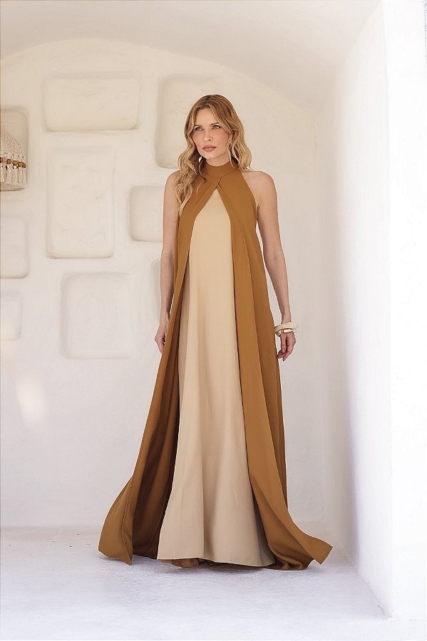 VESTIDO BICOLOR AREIA COM CARAMELO