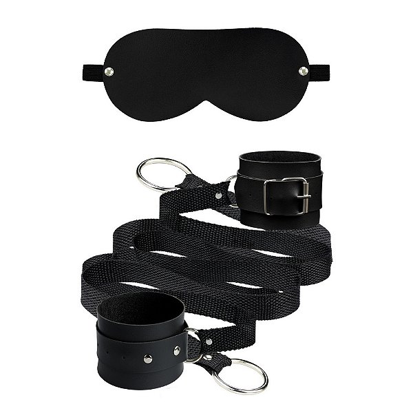 Kit Sado Algema Bracelete Com Tiras Para Amarrar + Venda - Sex Shop