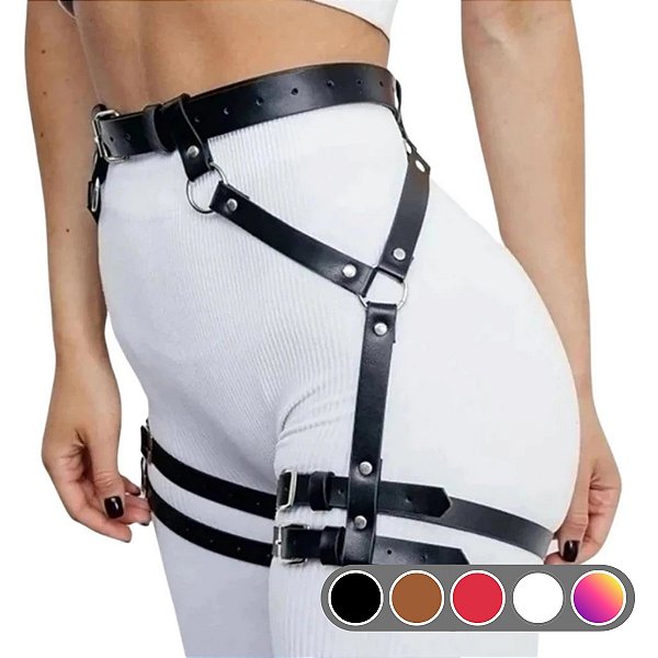 Conjunto Cinta Liga de Cintura e Perna – Couro Sintético Premium