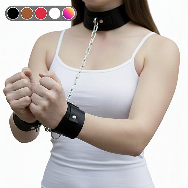 Kit Coleira e Algema com Corrente – Couro Sintético Premium