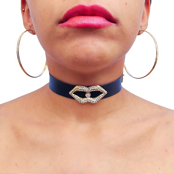 Coleira Choker c/ Strass em Formato de Boca Metal Regulável Punk Rock Gotic