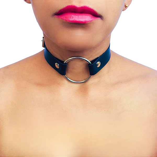 Gargantilha Choker ARGOLA em metal em couro Preta
