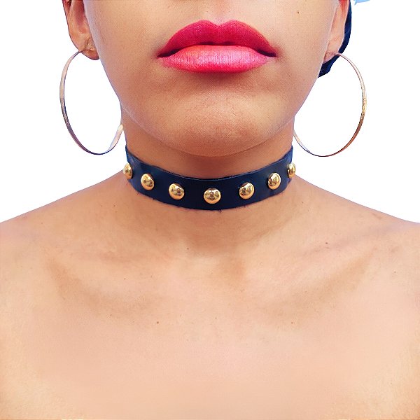 Coleira Choker c/ Spikes em Bola Metal Regulável Punk Rock Gotic