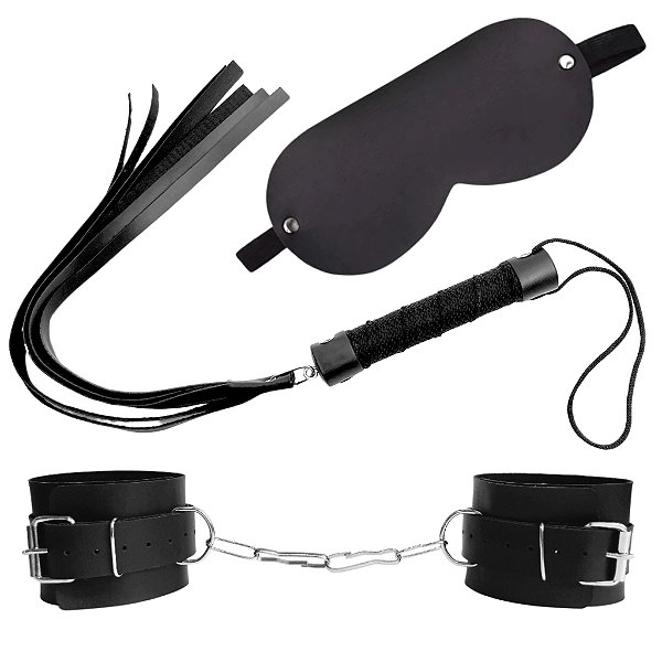 Kit Venda, Chicote 40cm e Algemas Reforçadas Couro Sintético BDSM - FETICHE - SADO - SEX SHOP