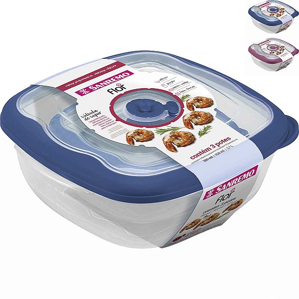 Kit 3 Potes Plástico Sanremo Flor Quadrado Hermético com Válvula