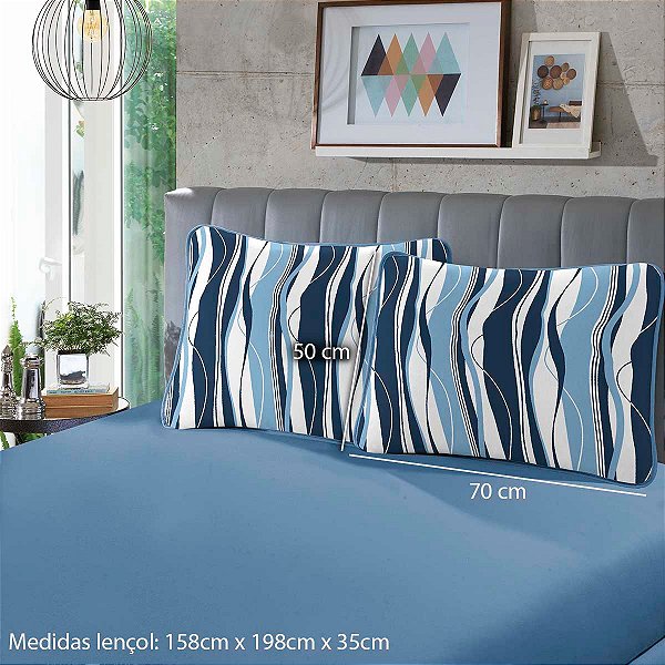 Jogo de Cama Lençol Queen Ribbon Azul 3 Peças Malha 100% Algodão