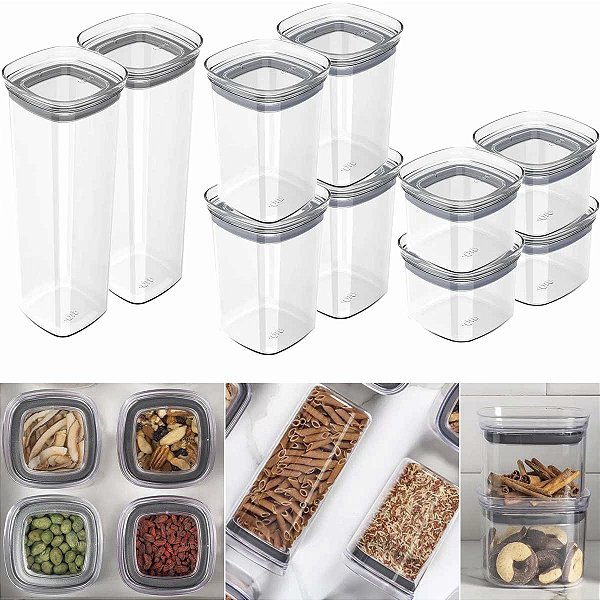 Kit 10 Potes OU Acrílico Herméticos Porta Alimentos 4x450ml 4x1L 2x2L