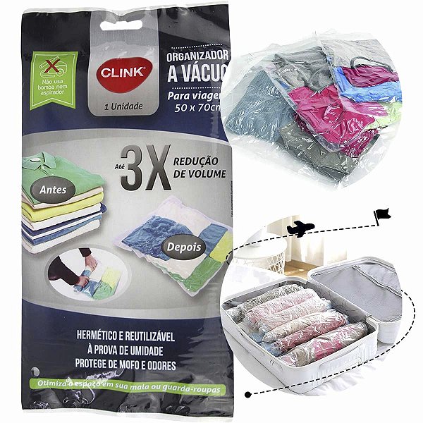 Saco à Vácuo Protetor Clink 50x70cm Reduz Compacta Roupa Mala Viagem