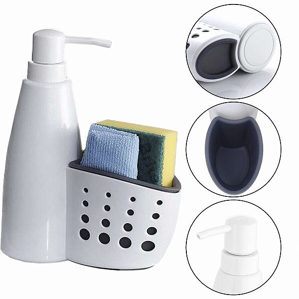 Porta Detergente 385ml com Suporte Esponja Dispenser Sabão Líquido