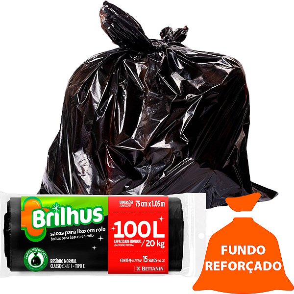 Saco de Lixo 100L Brilhus Bettanin 15 Sacos Reforçado Fundo Trançado