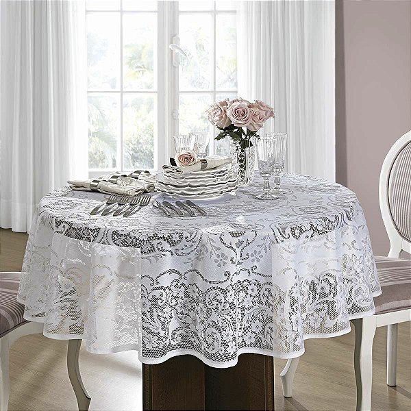 Toalha de Mesa Rendada Lepper Rosas Redonda 160cm Branca