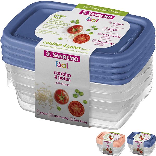 Kit 4 Potes Plástico Sanremo Fácil 280ml Retangular Bpa Free
