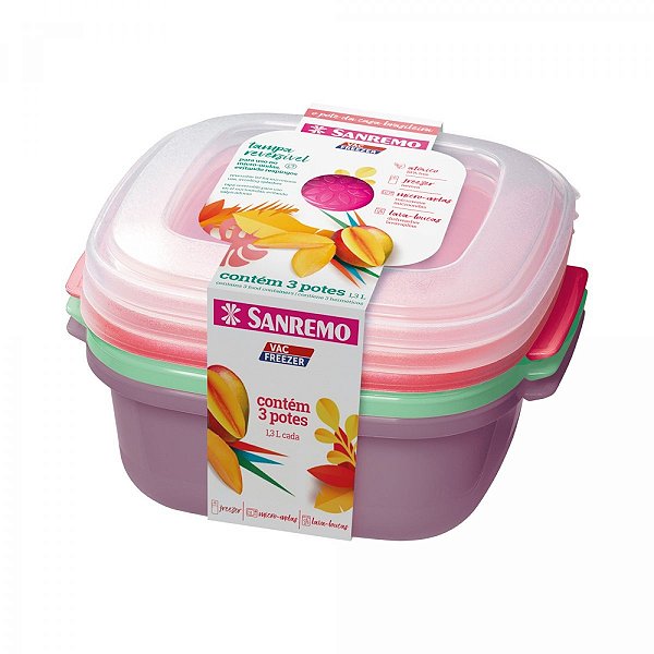 Kit 3 Potes Plástico Sanremo Vac Freezer 1300ml Quadrado Tampa Reversível