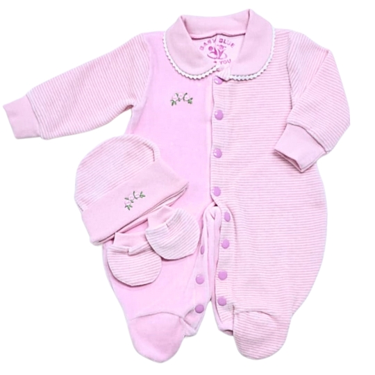 Macacão em Plush Rosa Listrado + Touca + Luvas