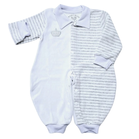 Macacão em Plush Branco Listrado + Touca - Menino