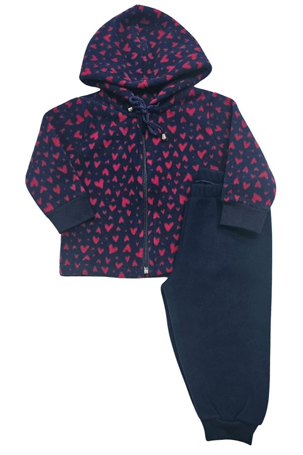 Conjunto em Soft Corações - Calça e Blusa com Capuz e Zíper