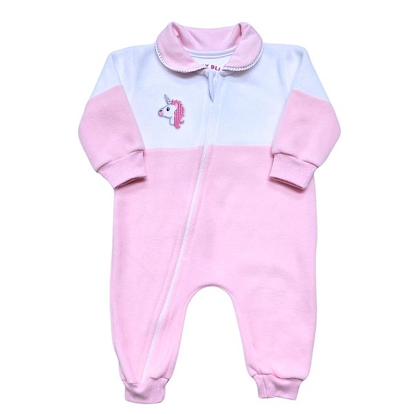 Macacão MicroSoft Branco e Rosa - Zíper