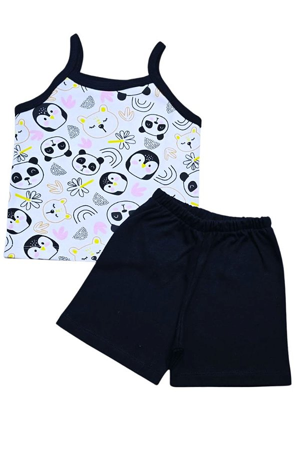 CONJUNTO MENINA VERÃO BEBÊ - BLUSA ALCINHA PINGUIM E SHORTS PRETO