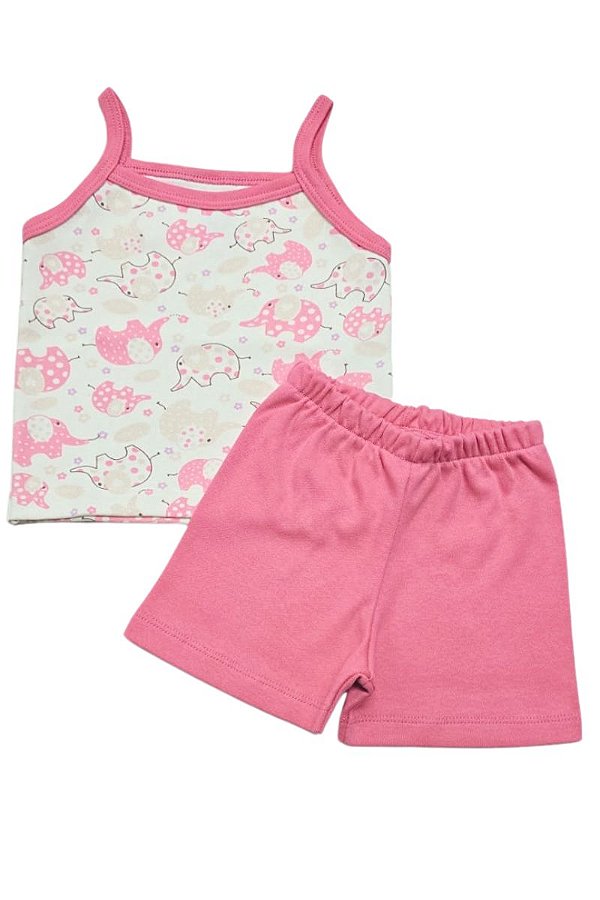 CONJUNTO VERÃO BEBÊ BLUSA ALCINHA ELEFANTE E SHORTS ROSA