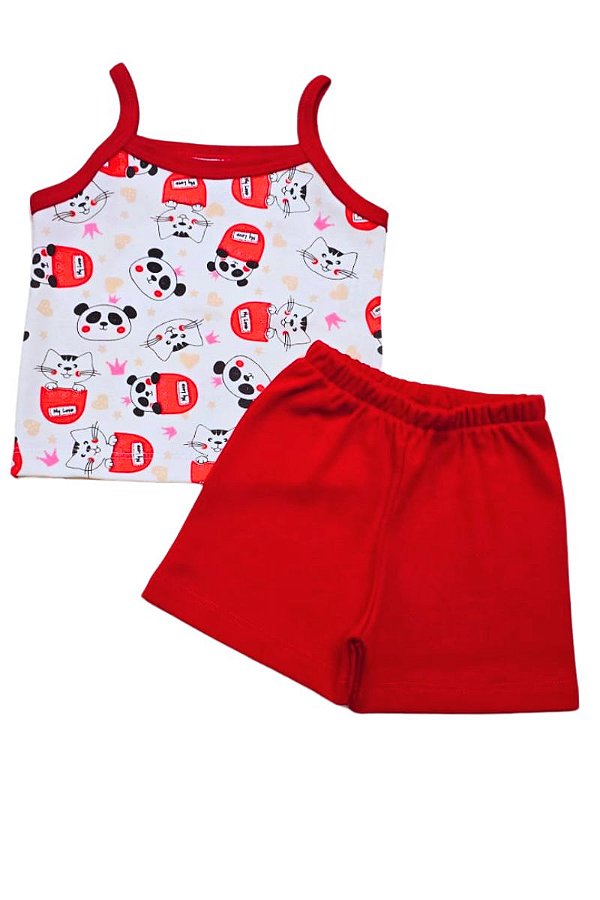 CONJUNTO MENINA VERÃO BEBÊ BLUSA ALCINHA PANDA E SHORTS VERMELHO