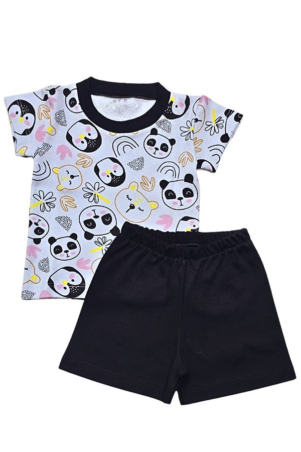 CONJUNTO - CAMISETA  ESTAMPADA PINGUIM  E SHORTS PRETO