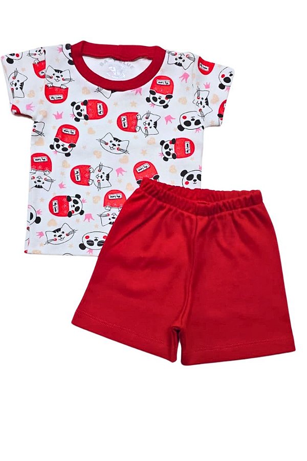 CONJUNTO - CAMISETA  ESTAMPADA PANDA E SHORTS VERMELHO