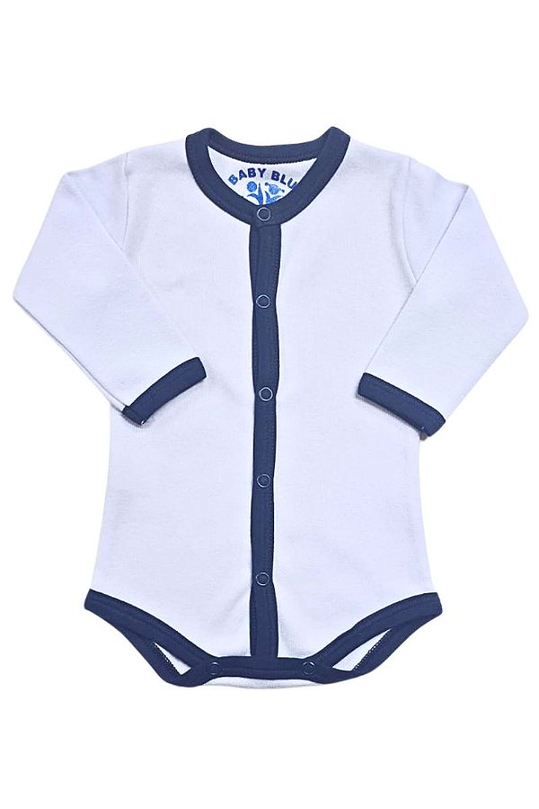 BODY MANGA LONGA BRANCO VIÉS AZUL - BOTÃO FRONTAL