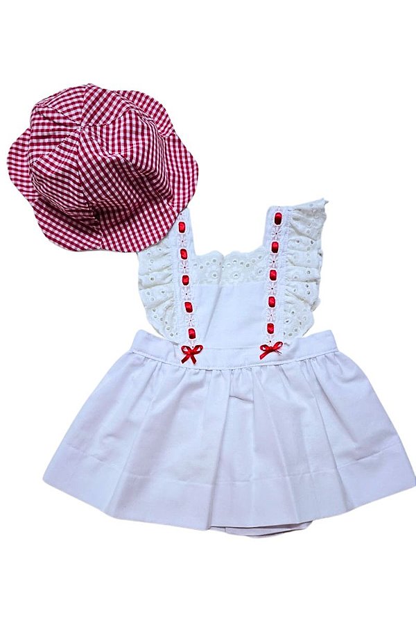 VESTIDO BEBÊ BRANCO COM CHAPÉU VERMELHO