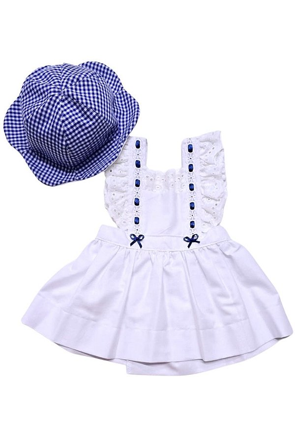 VESTIDO BEBÊ BRANCO COM CHAPÉU AZUL