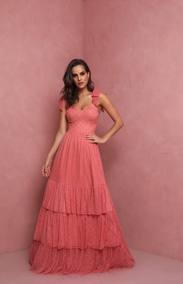 Vestido Longo Tule Fer Rosa Canela