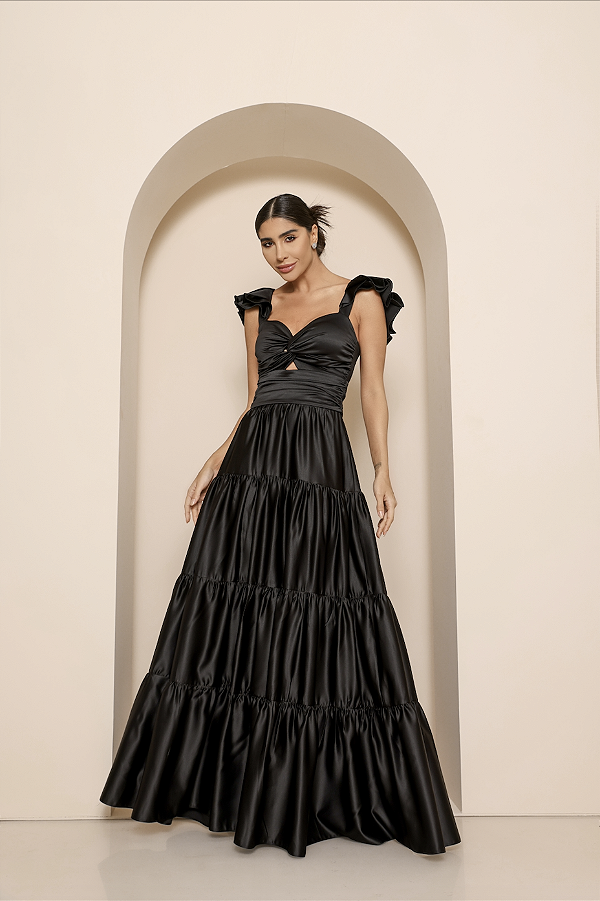 Vestido Longo Cetim Luiza Preto