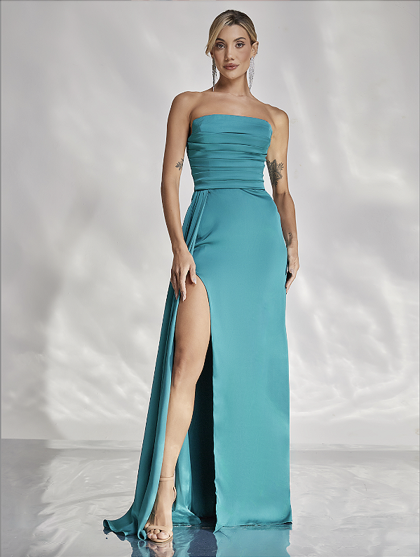 Vestido Longo Cetim Manu Verde Esmeralda