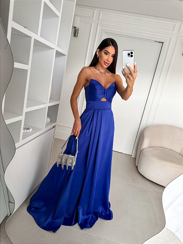 Vestido Longo Cetim Fly Azul Royal