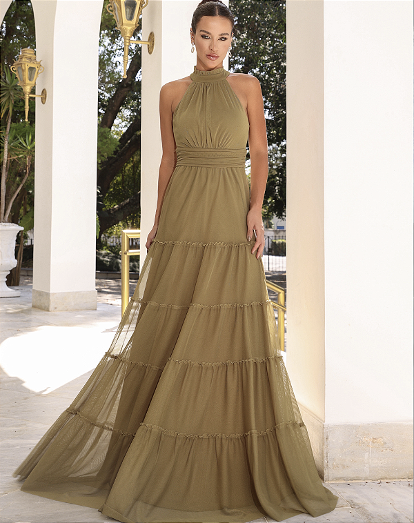 Vestido Longo Microtule Gio Verde Oliva