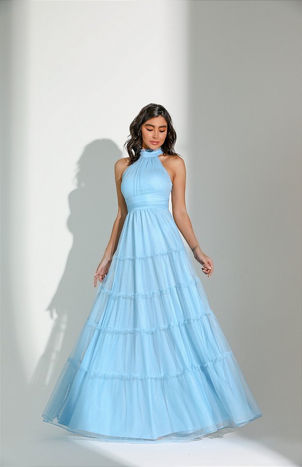 Vestido Longo Microtule Gio Azul