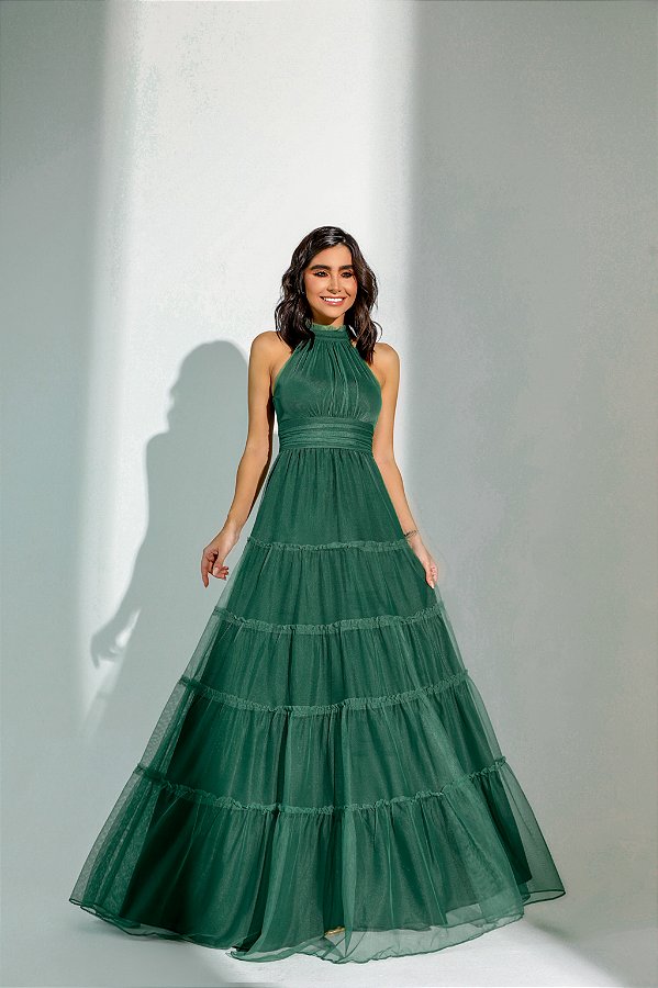 Vestido Longo Microtule Gio Verde Militar