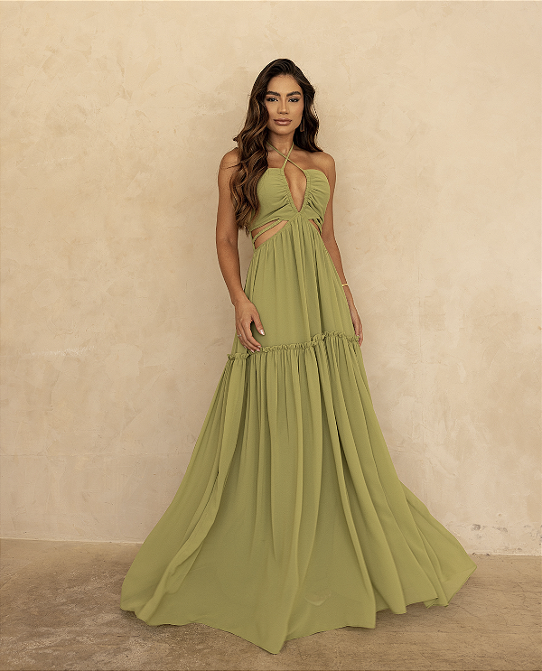 Vestido Longo Recorte Verde