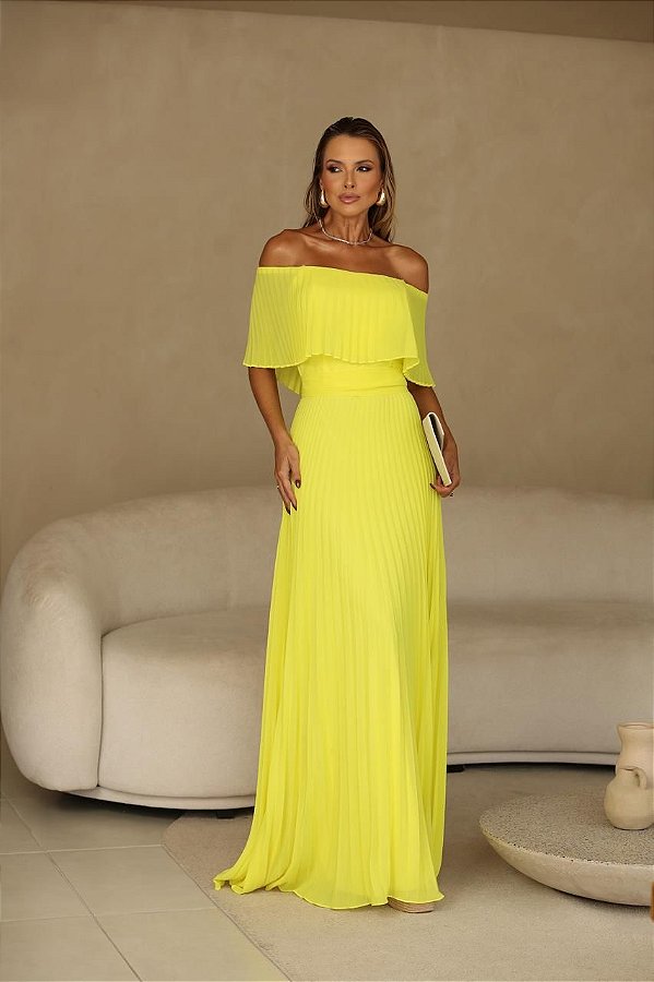 Vestido Longo Ombro a Ombro Plis Amarelo
