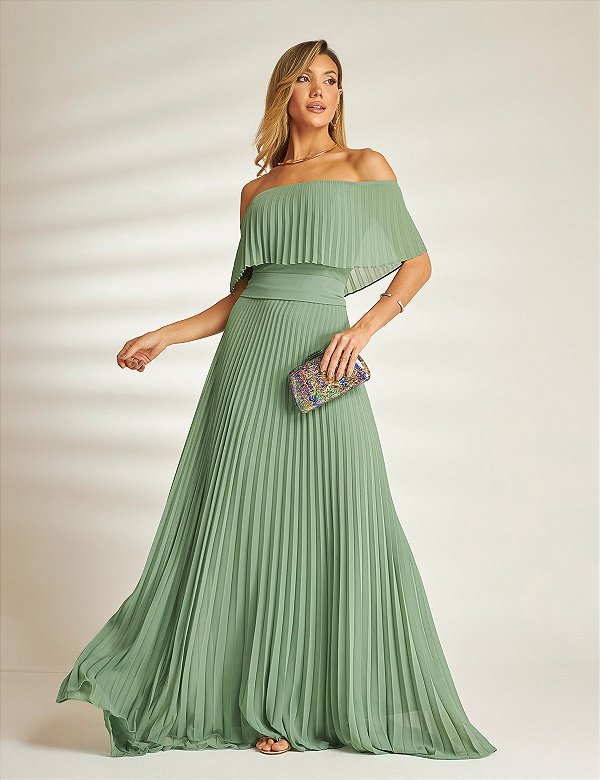 Vestido Longo Ombro a Ombro Plis Verde