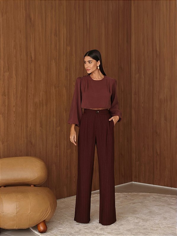 Calça Pantalona Risca De Giz Lele Marrom