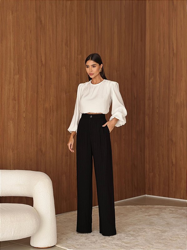 Calça Pantalona Risca De Giz Lele Preto