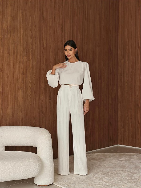 Calça Pantalona Risca De Giz Lele Off