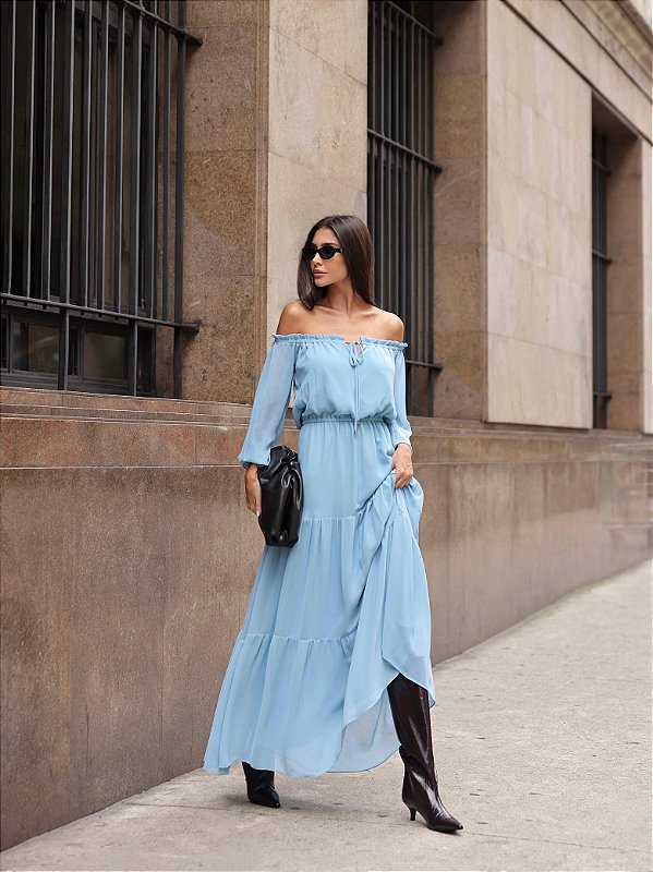 Vestido Longuete Ombro a Ombro Angela Azul