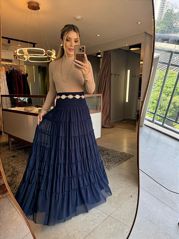 Saia Longa Microtule Azul Marinho