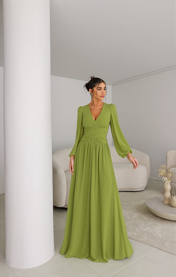 Vestido Longo Diamante Verde Oliva