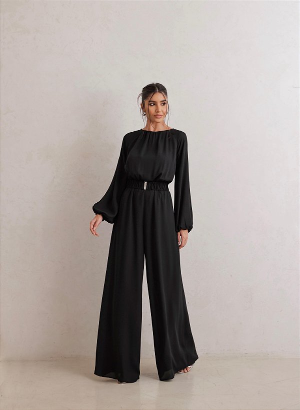 Macacao Crepe Cinto Carol Preto