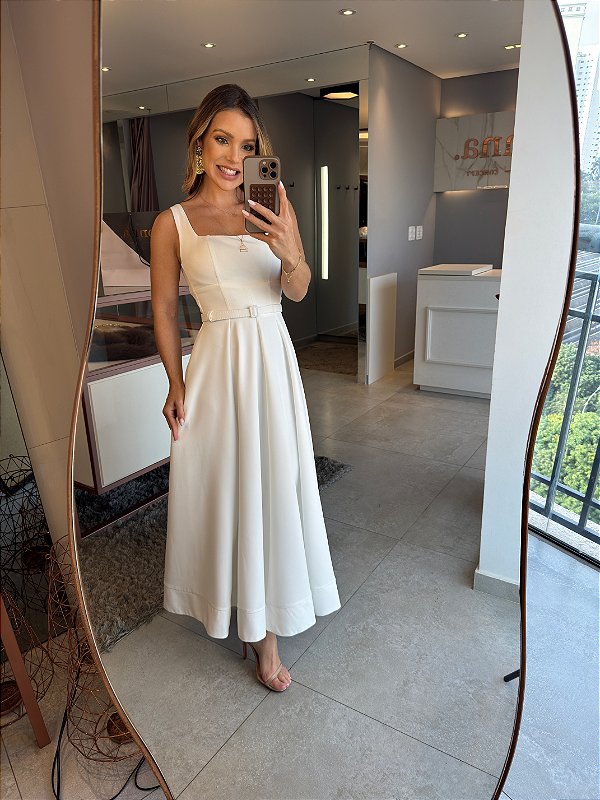 Vestido Midi Cinto Pri Branco